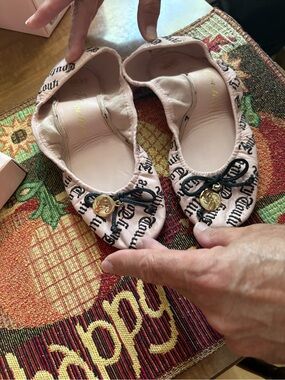 Juicy Couture Pink Logo Ballet Flats with Black Script and Gold Medallion